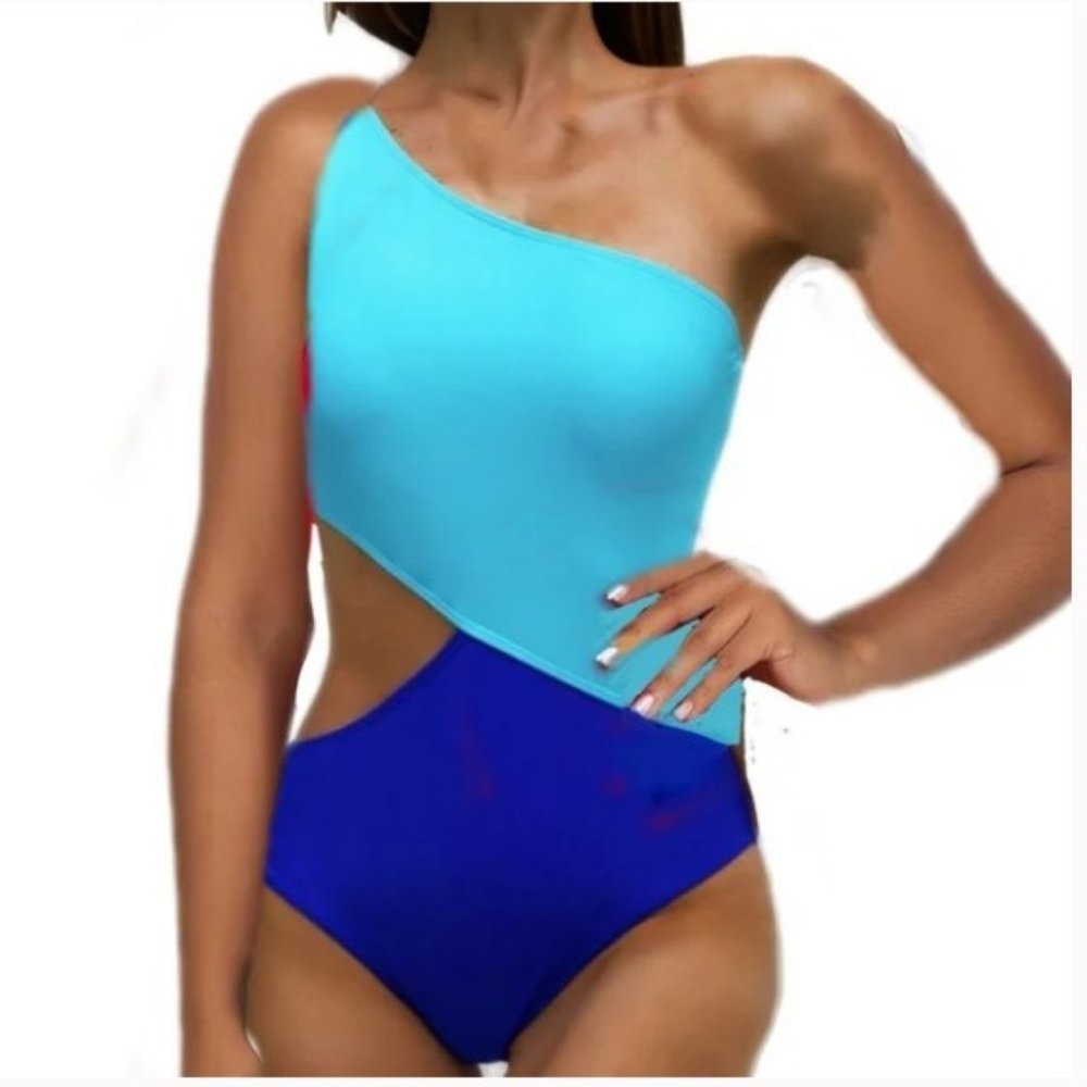 SweatyRocks NWOT One Shoulder Cutout One Piece Swimsuit Monokini Blue Sz S